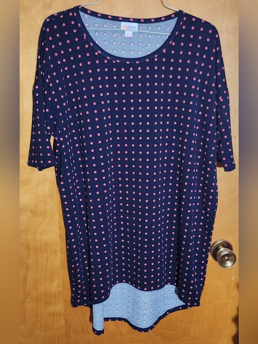 LuLaRoe Navy Top with Pink Polka Dots